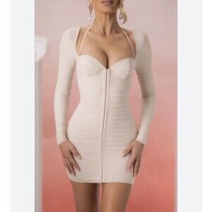 Oh Polly Dress Calista Long Sleeve Sweetheart Neckline Mini In Stone 8